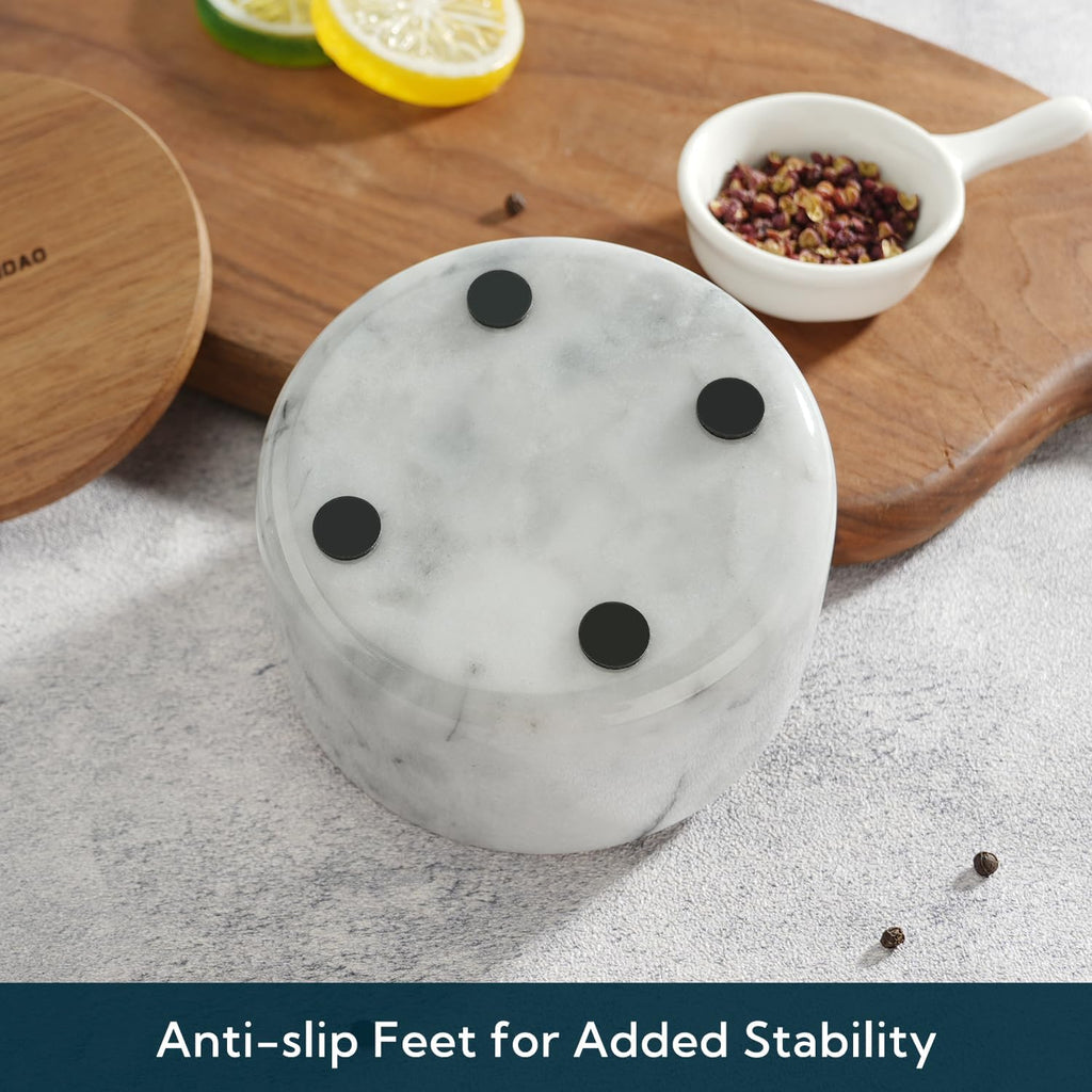 Marble Salt Cellar Box Bowl with Magnetic Built-in Spoon, Marble Salt Container with Acacia Wood Lid & Spoon, Elegant