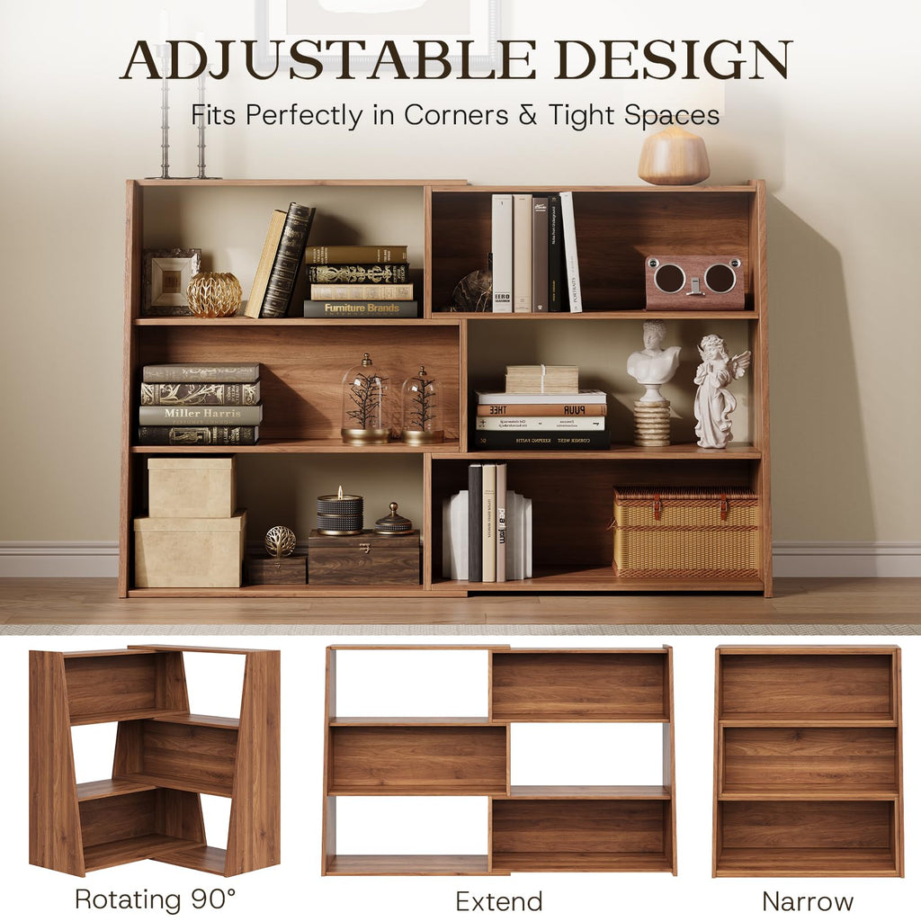 Extendable Bookshelf, Adjustable Low Bookcase, Walnut
