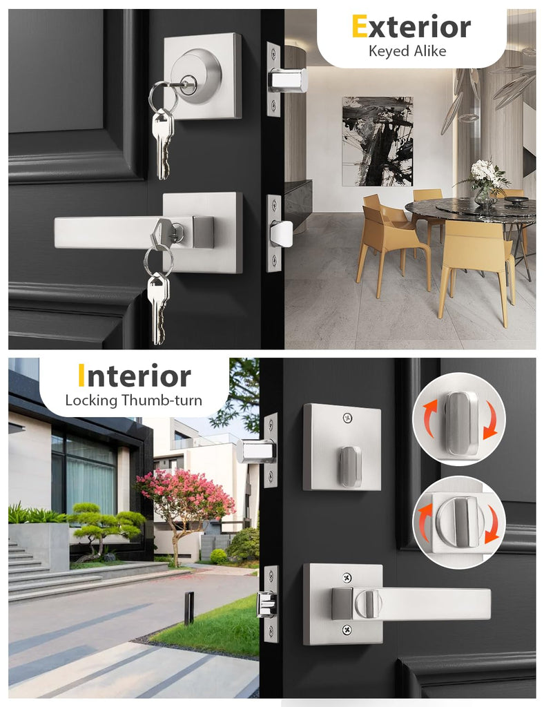 4 Pack Brushed Nickel Keyed Alike Front/Exterior Door Levers with Single Cylinder Deadbolt, Square Entry Door Knob