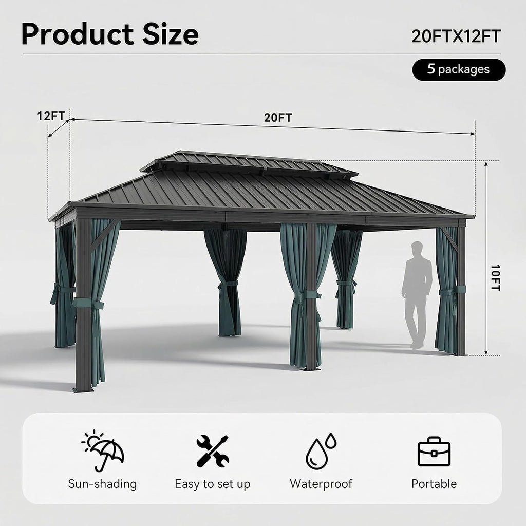 12x20 Gazebo on Clearance with Metal Roof, Heavy Duty Hardtop Gazebo with Flame-Retardant Curtain & Netting