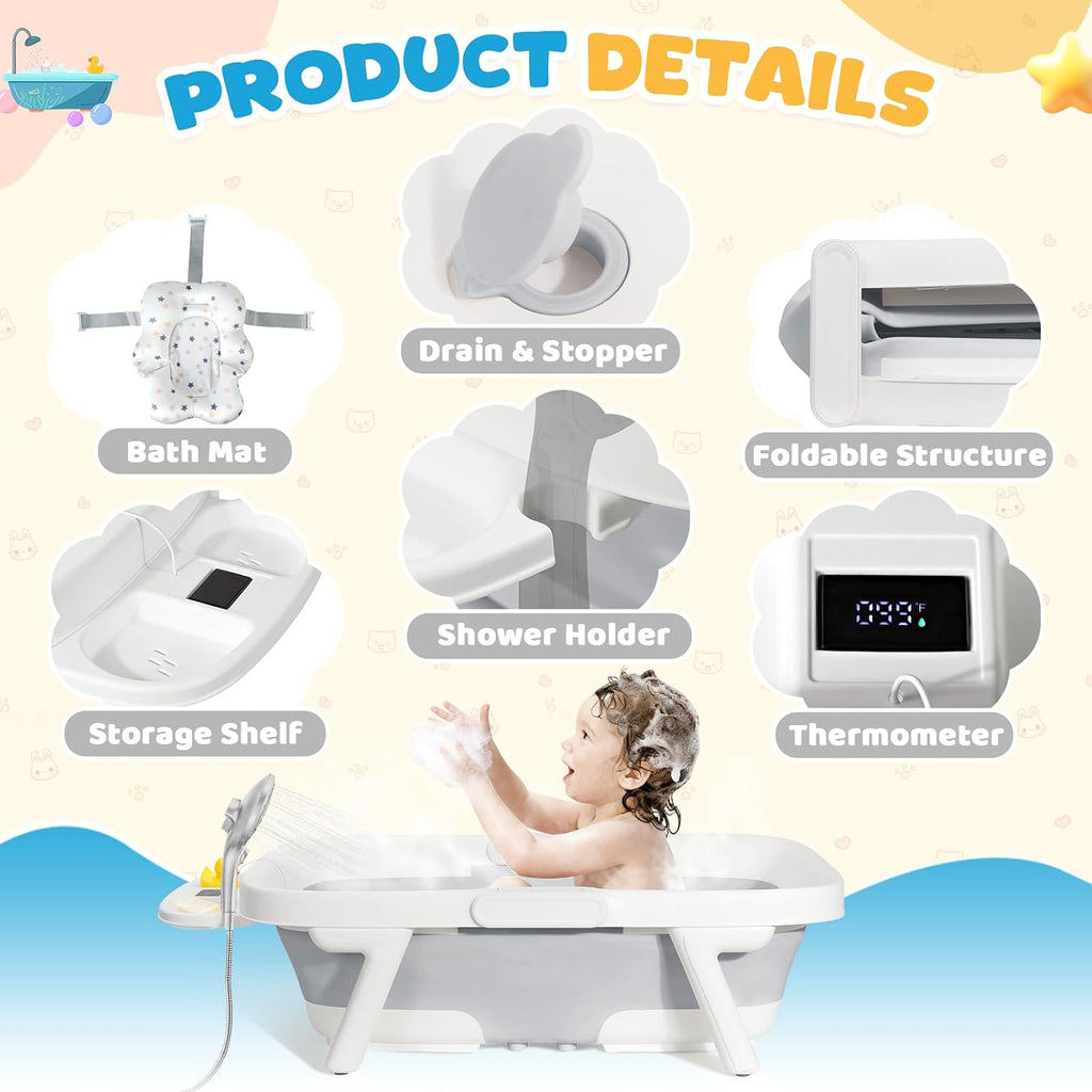 Collapsible Baby Bathtub with Cushion & Thermometer, Large Size,Gray