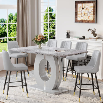 63'' Marble Dining Table Set for 6, Modern Counter Height Dining Table Set, Grey High Top Table with Leather Bar