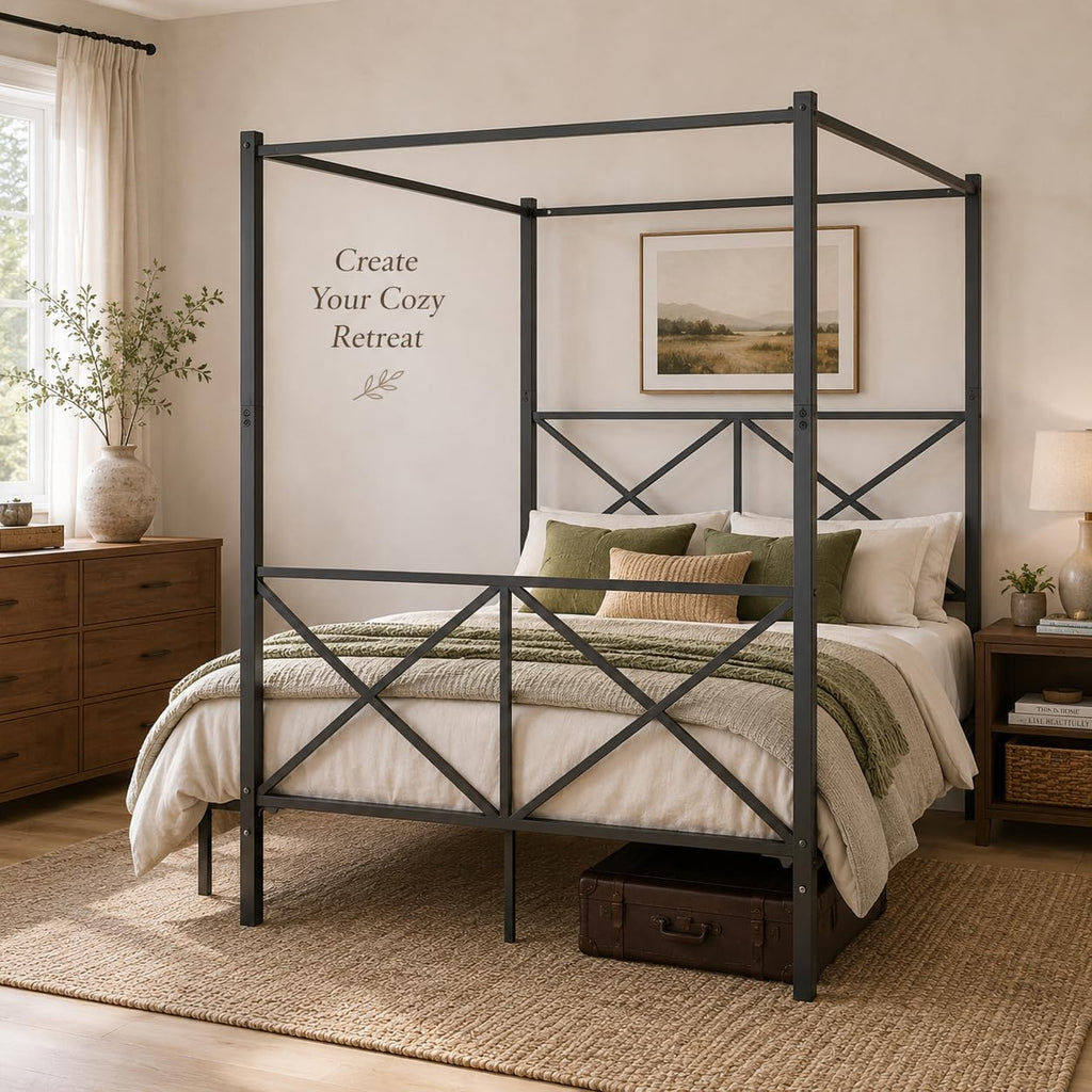 Canopy Bed Frame with Headboard & Footboard, Black Vintage Metal Canopy Platform Bed 14 Inch Platform, No