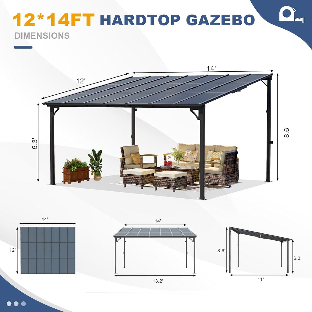 12' x 14' Wall-Mounted Lean-to Gazebo, Aluminum Pergola with Polycarbonate Roof & Solar Light – Black