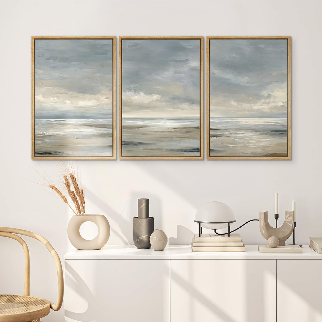 Framed Wall Art Print Set Grey Wave Calm Sea Landscape Illustrations Modern Art Chic Multicolor - 24"x36"x3 NATURAL