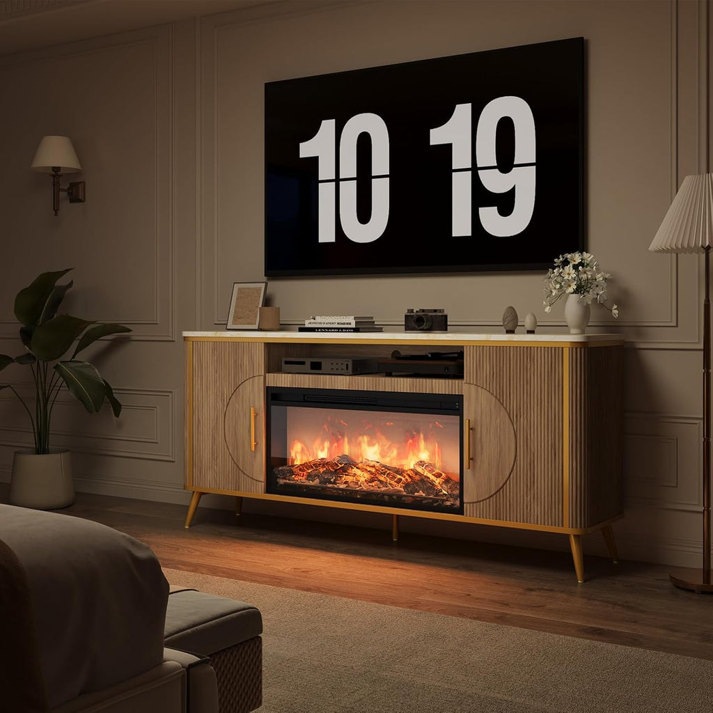 Fluted Fireplace TV Stand Up to 80" TVs, Modern Entertainment Center with 30" Electric Fireplace, Luxury Media