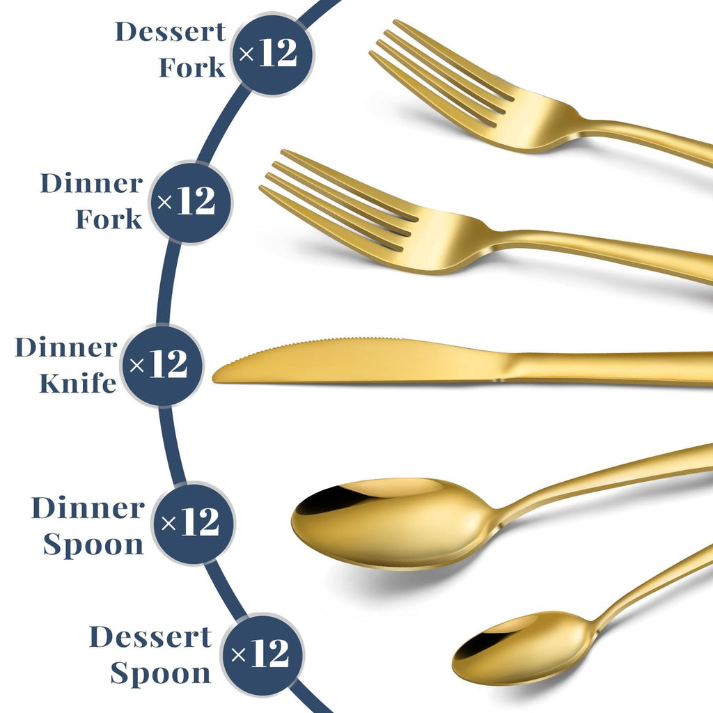 Gold Silverware Set - Stainless Steel Silverware Set for 12, Includes Forks Spoons and Knives, Utensil Sets