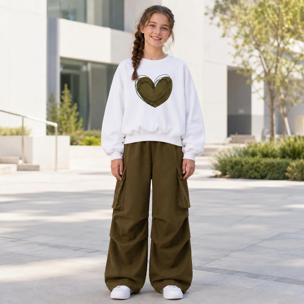 Girls 2 Piece Outfits Heart Print Sweatshirt and Cargo Pants Set, Casual Tracksuit School Daily Wear
