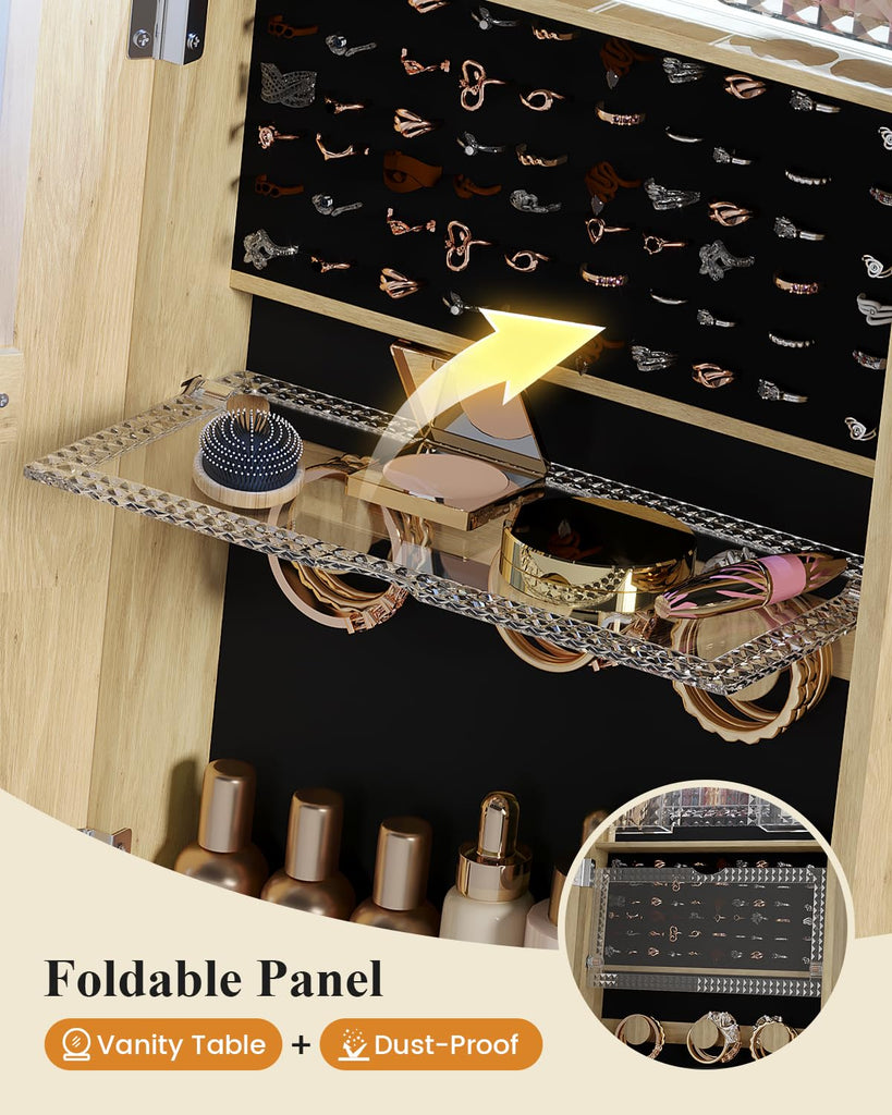 LED Arched Mirror Jewelry Cabinet Standing, Lockable Jewelry Armoire