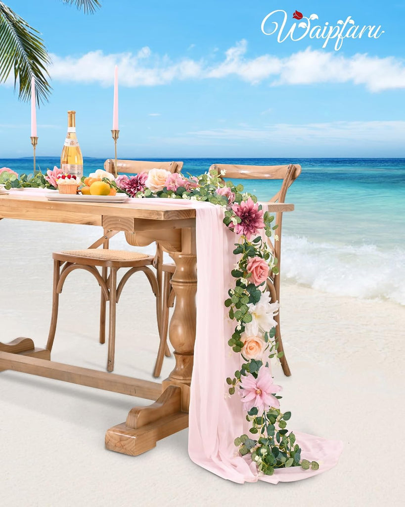 Flower Garland Decorations, 6.07Ft Pink Floral Rose Garland, Artificial Eucalyptus Greenery Vines with Flowers