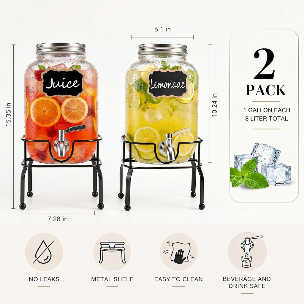 Pack1 Gallon For Parties,Beverage Dispenser with Stand,304 Stainless Steel Spigot Leakproof,Lemonade Dispenser - Set of 2