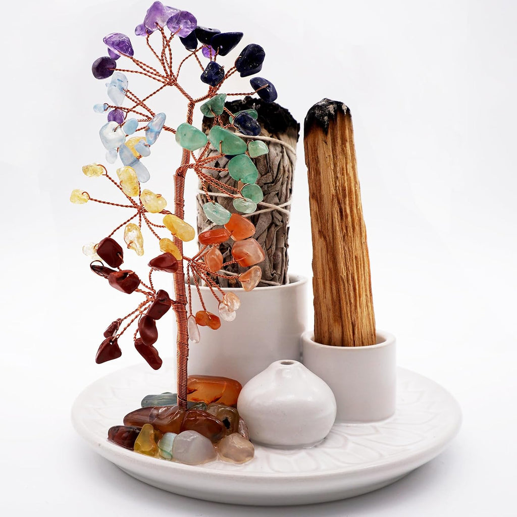 5 in 1 Incense Burner Holder with Crystal Healing Tree, Palo Santo Holder, Sage Holder, Incense Holder