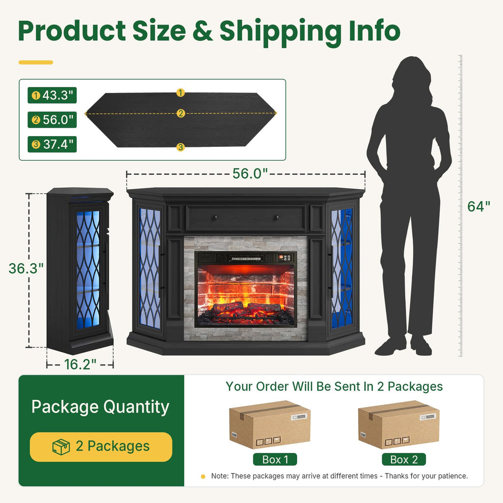 56" Corner for 65-Inch TVs with Storage, Black