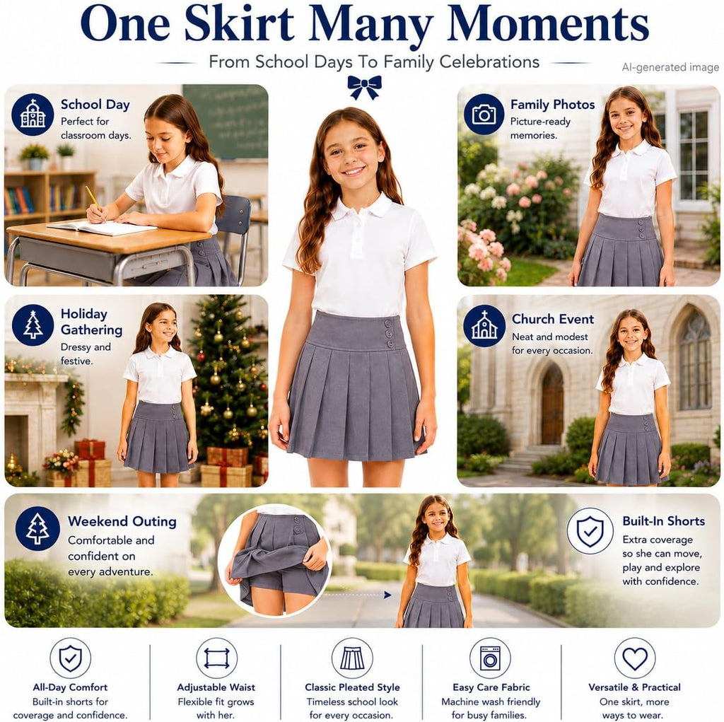 Girls Uniform Pleated Skirt: Adjustable Waist Skort