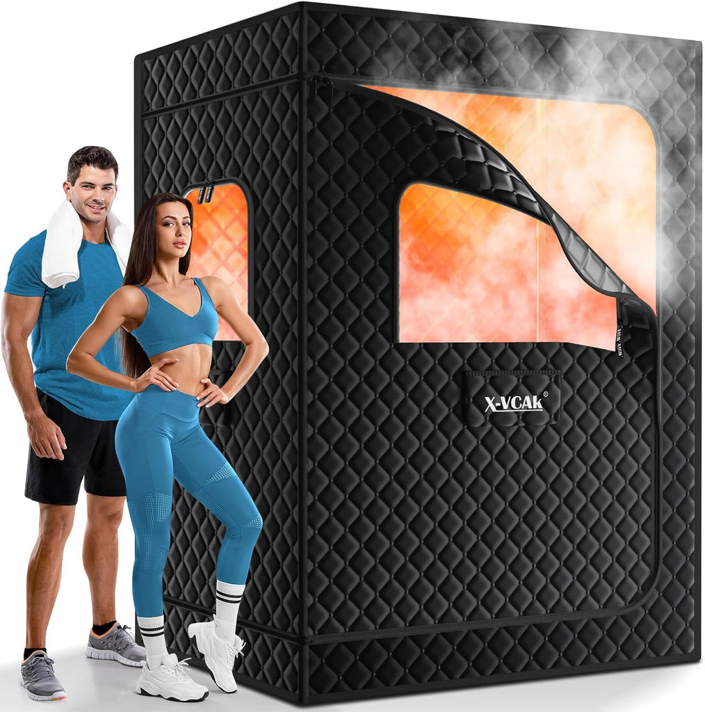 2 Person Sauna, Extra Large Sauna, Portable Steam Sauna Tent with 2 Steamers, 2 Folding Chair, 71”x 49”x 36”, Black