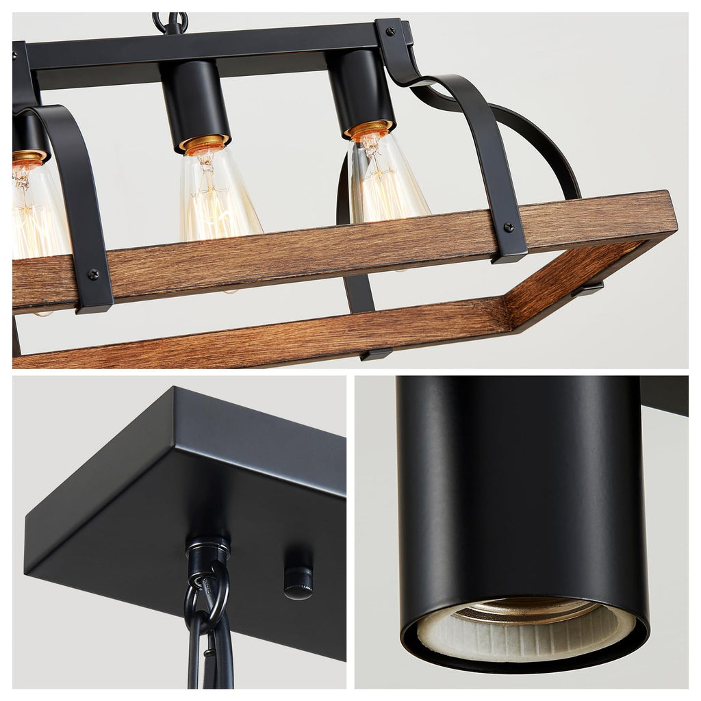 Metal Chandelier Imitation Wood Grain Linear Pendant Ceiling Lighting Rustic Farmhouse Fixture Kitchen Island