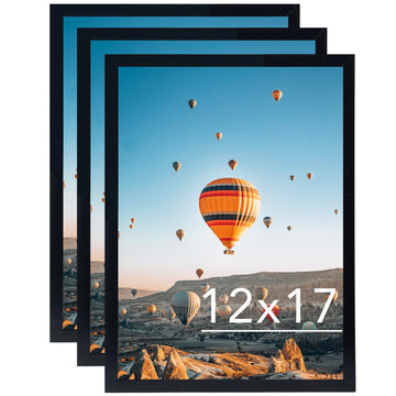 12x17 Black Picture Frame Set of 3, Horizontal and Vertical Formats for Wall Hanging, 12 x 17 Wall Gallery Poster