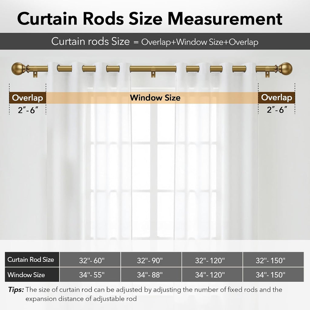 Brush Gold Curtain Rods for Windows 32 to 90 Inch, 1 Inch Brass Heavy Duty Curtain Rods Adjustable and Easy