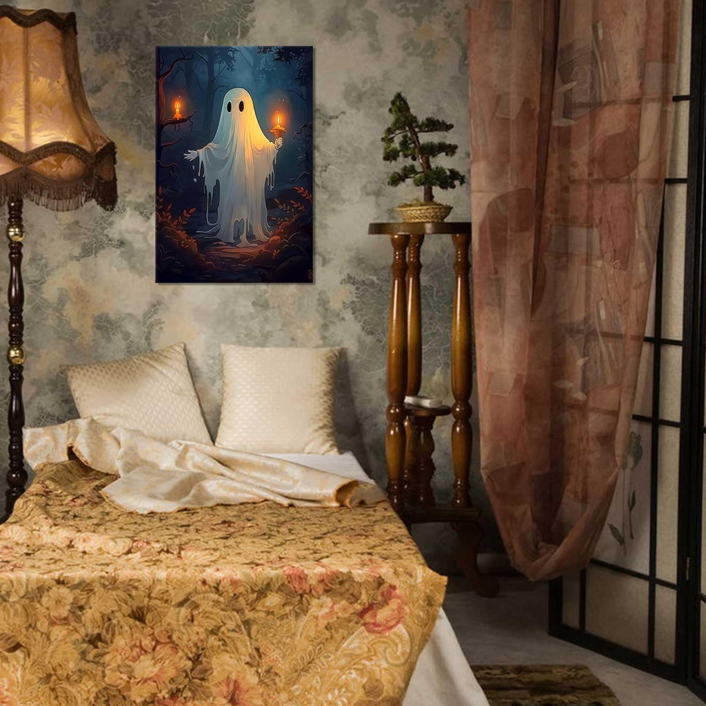 Retro White Ghost Posters Cute Horror Scary Wall Art Halloween A White Ghost Holding A Candle In A Dark Forest Prints