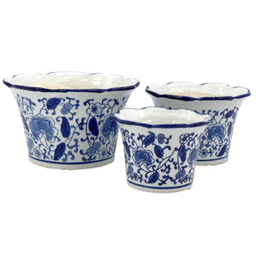 Blue & White Floral Porcelain Ceramic Decorative Flower Pot 8"/6"/4.5" Garden Pots Chinese Asian Design - Set of 3