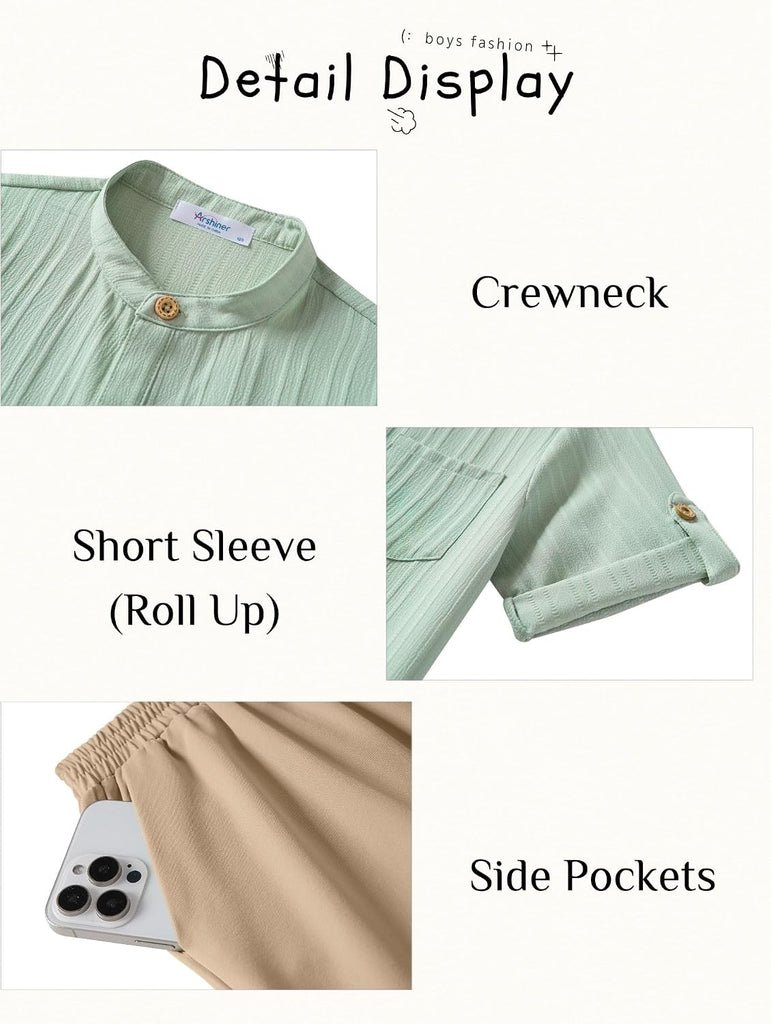 Boys Summer Outfits Textured Button Down Shirt and Shorts Set