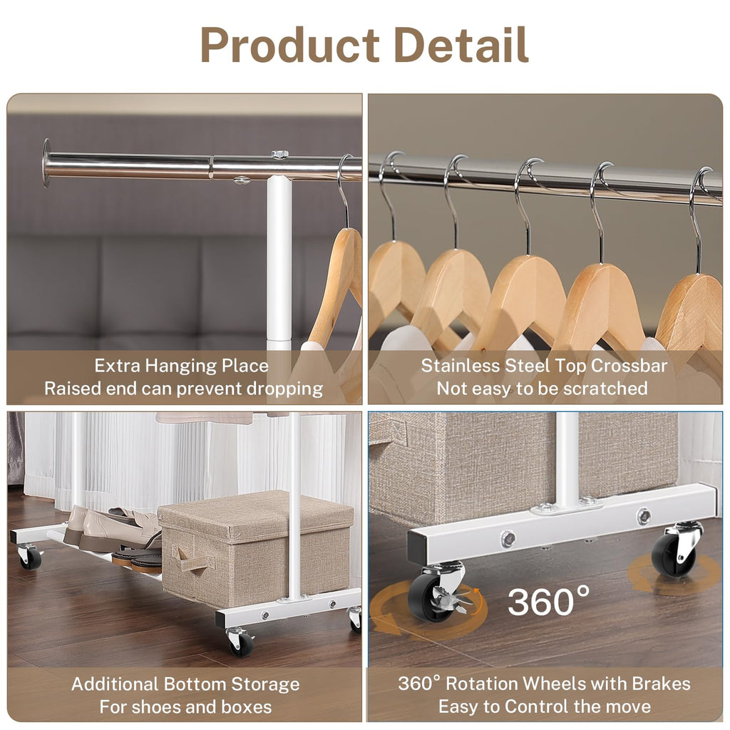 Clothes Rack, 130LB Capacity Heavy Duty Clothing Rack with Wheels and Bottom Shelf, 52.17 Inch Rolling Racks for