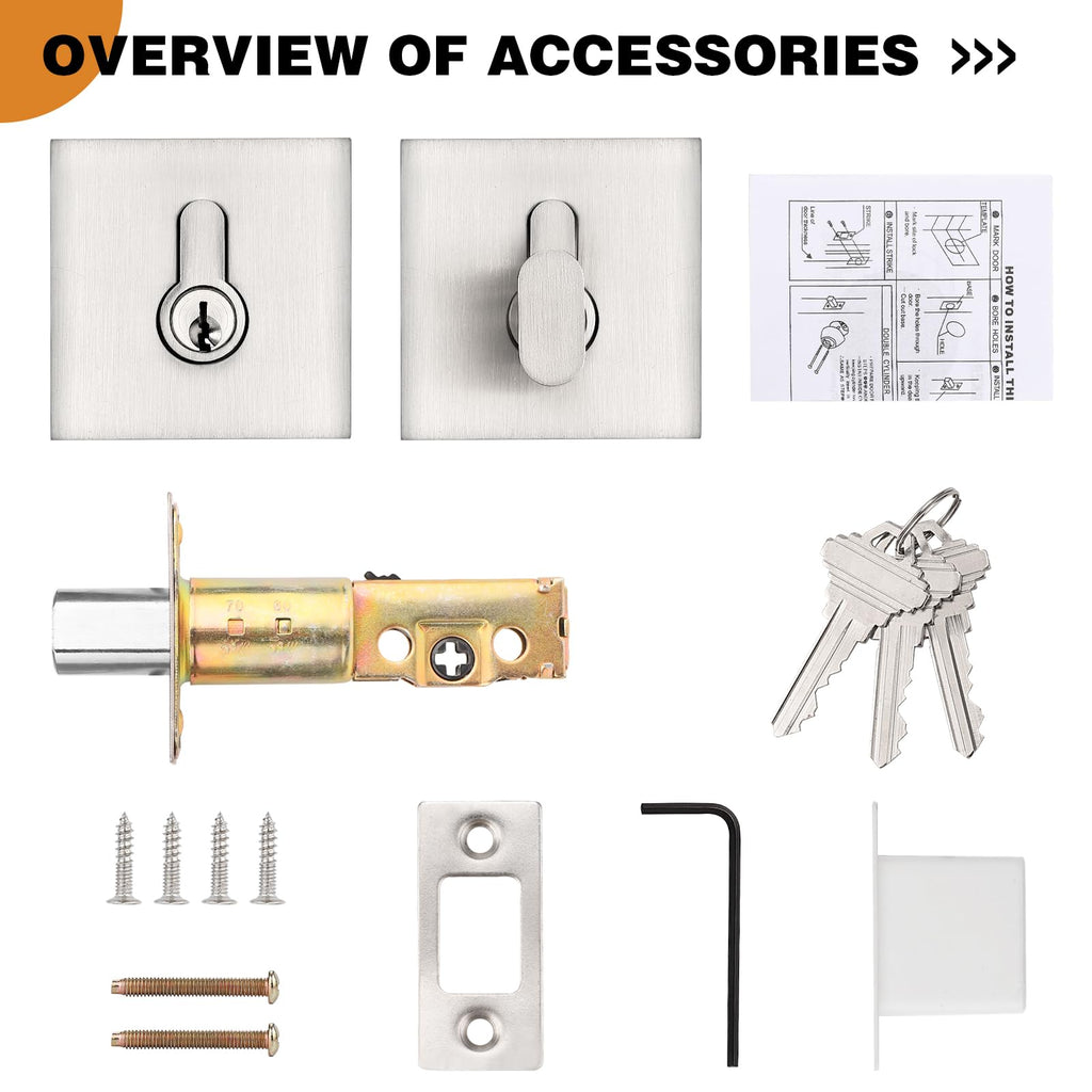 Satin Nickel Single Cylinder Deadbolt, Keyed One Side, Residential Security Square Door Lock for Interior and