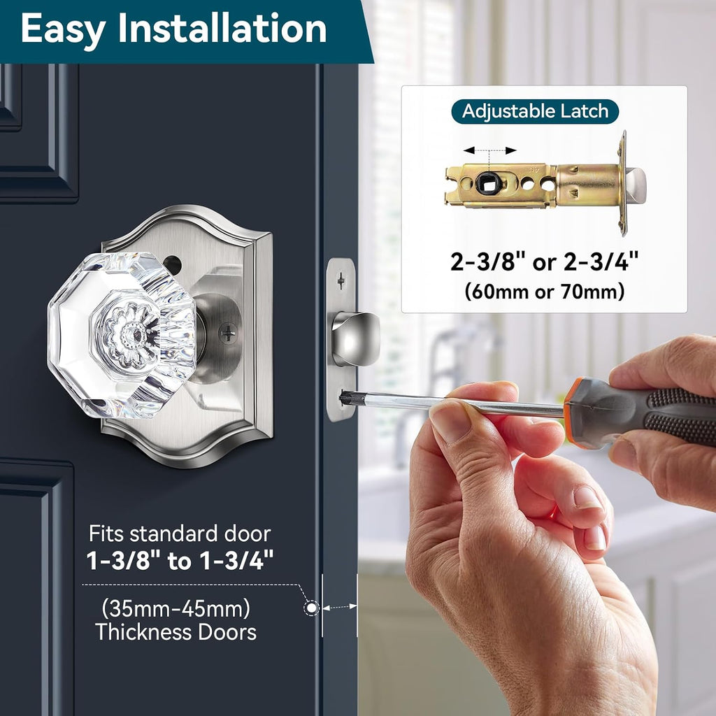 Nickel Crystal Door Knob Interior, Privacy Glass Door Knob, 1Pack