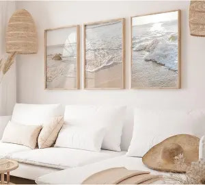 Beach Wall Art Decor Coastal Wall Art Pictures Ocean Canvas Wall Art Beige Beachy Wall Decor Boho Beach Prints Ocean - Set of 3