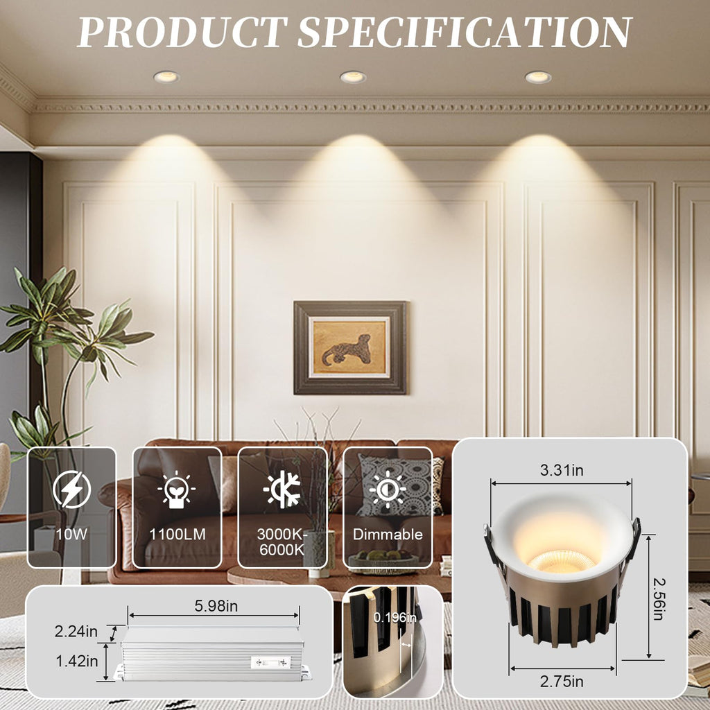 3 Inch LED Recessed Lights, Dimmable, 3CCT, CRI98, Trimless Ceiling Light