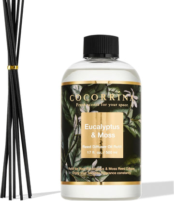Reed Diffuser Refill Eucalyptus & Moss 17oz (500ml) with 8 Rattan Sticks - Premium Long-Lasting Essential Oil, Home - Set of 17
