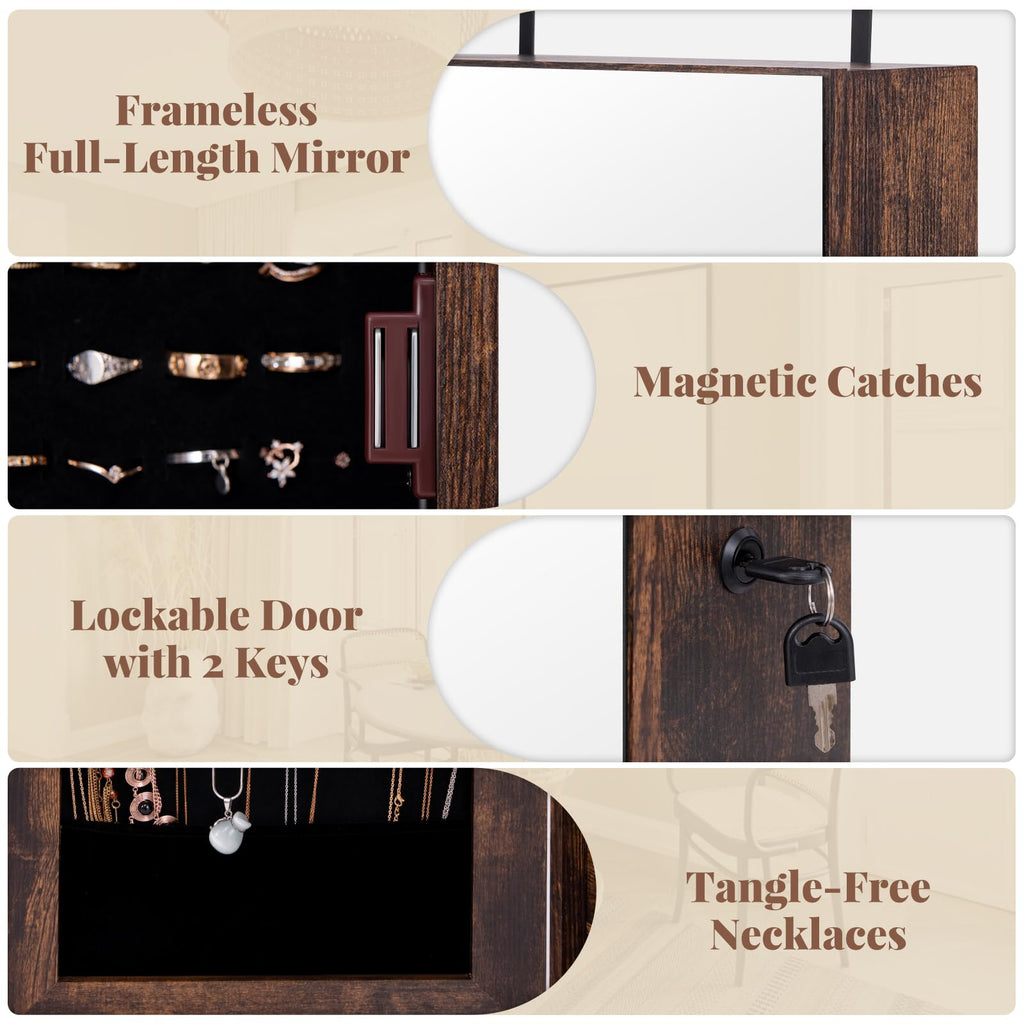 LED Mirror Jewelry Cabinet, Full Length Mirror with Jewelry Storage, Lockable Hanging Jewelry Holder Organizer with