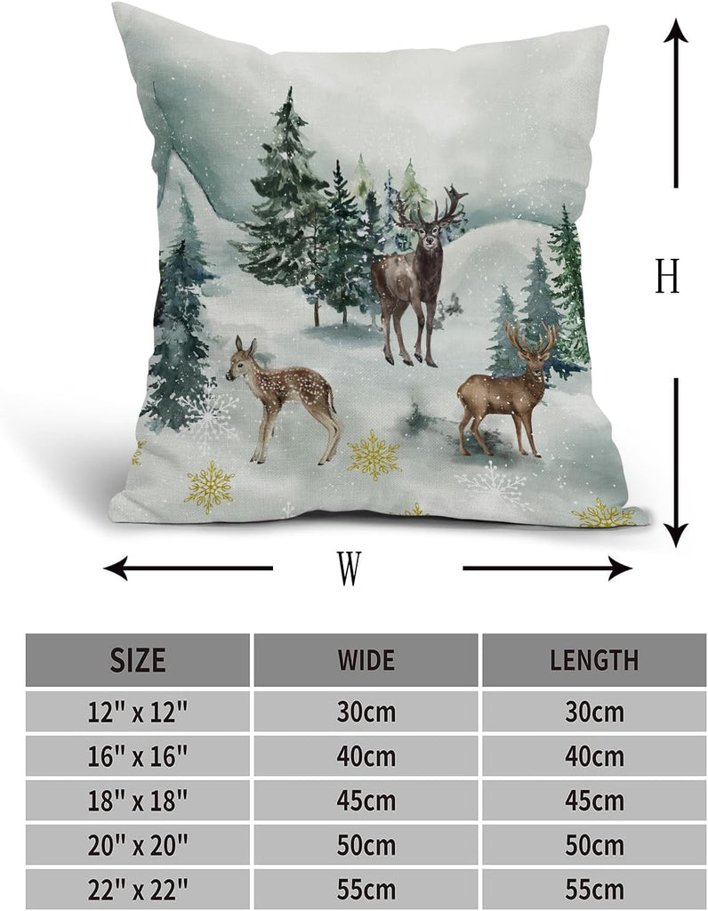 Christmas Pillow Covers 18X18 Inch Winter Watercolor Deer Trees Snowflakes Decorative Square Pillow Cases - Set of 2