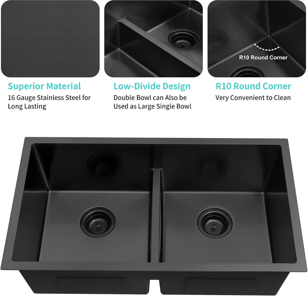 32 inch Double Bowl Kitchen Sink,Black Undermount Kitchen Sink 32 X 18 inch,16 Gauge Stainless Steel Undermount