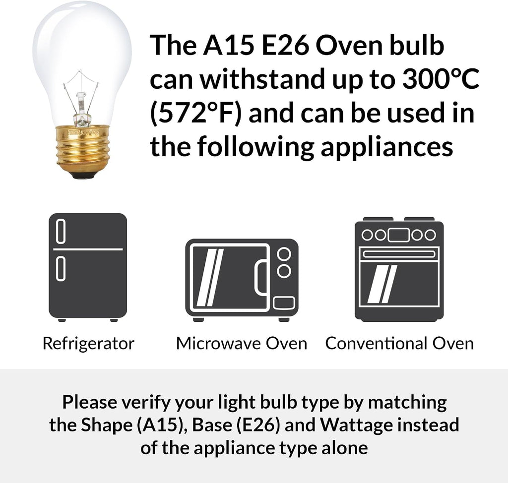 Oven Light Bulb 300°C/572°F Rated A15 40W E26 2700K, 4 Pack