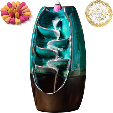 Ceramic Incense Burner with 100 Upgraded Cones, Waterfall Backflow Incense Holder, Aromatherapy Ornament, Zen Decor - Set of 121