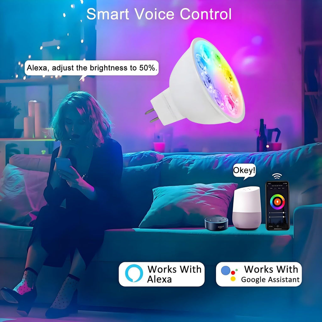 Smart MR16 LED Bulb Dimmable Color Changing, 12V Gu5.3 Bi-pin Base, WiFi & Bluetooth LED Bulbs Work with Alexa