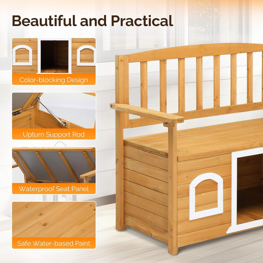 Outdoor Dog House, Wood Bench with Dog House for Small Pets, Outdoor Cat House with Flip Seat for Easy