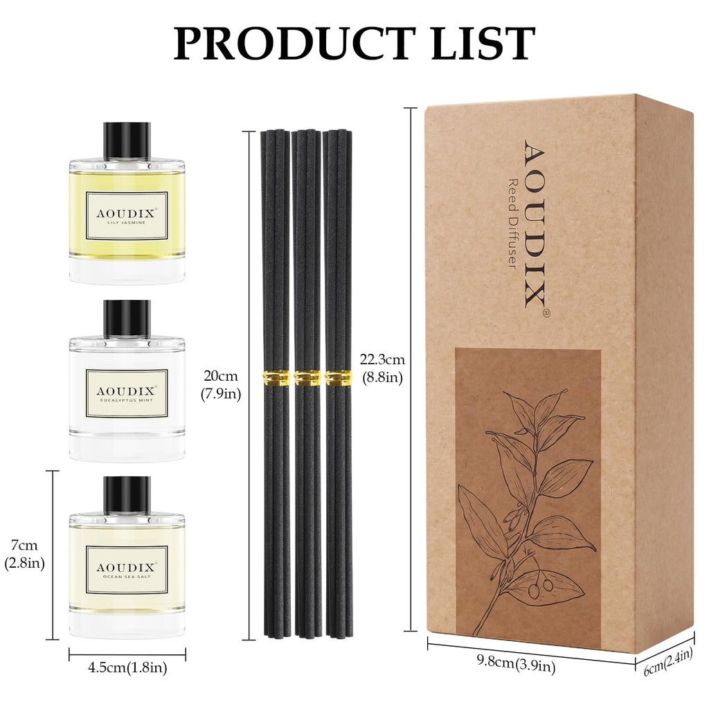 Reed Diffuser Set of 3, 50 ml Lily Jasmine/Eucalyptus Mint/Ocean
