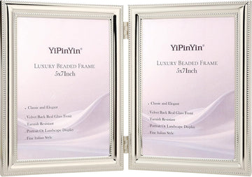 Elegant Silver Plated 5x7'' Double Picture Frame with Classic Metal Beaded Design, Featuring Real Glass Front and Soft