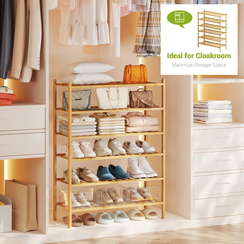 6-Tier Bamboo Shoe Rack Premium Stackable Shoe Shelf Storage Organizer Closet Living Room Entryway Organizer (Natural