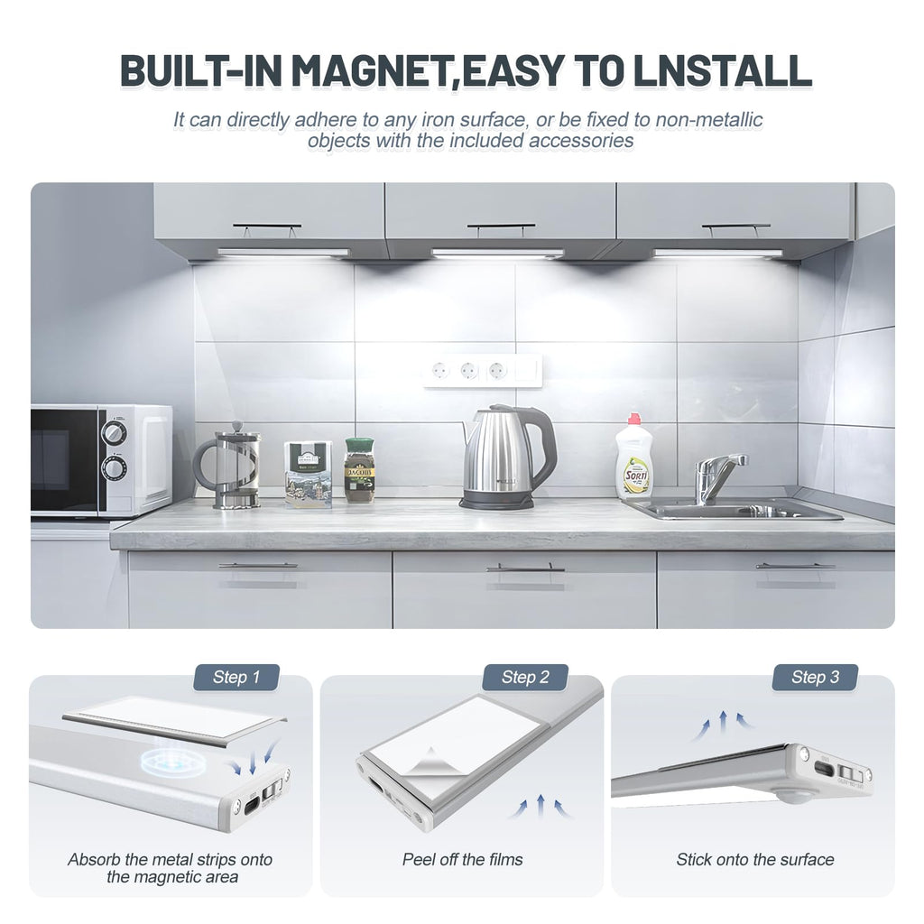 6 Pack Under Cabinet Lighting, 32 LED Motion Sensor Light Indoor Rechargeable Magnetic Closet Lights Battery