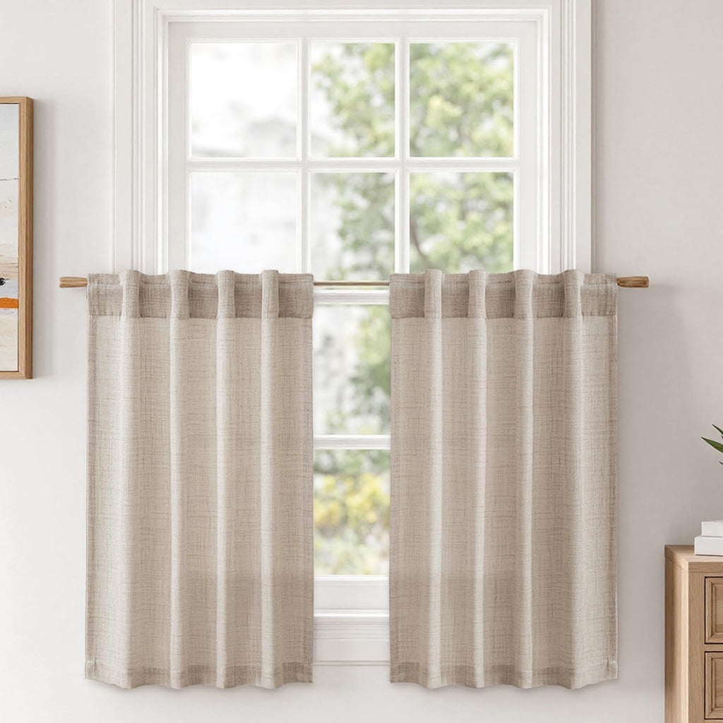Linen Textured Small Kitchen Window Curtains Over Sink, Semi Sheer Farmhouse Cafe Curtain 36 Inch Long Short Back Tab
