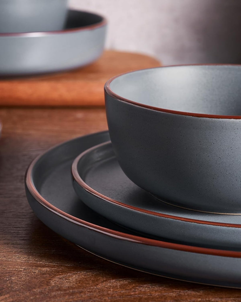 Mercury Plates and Bowls Sets, 12 Pieces Stoneware Dinnerware Sets, Dishes Set for 4, Microwave and Dishwasher Safe
