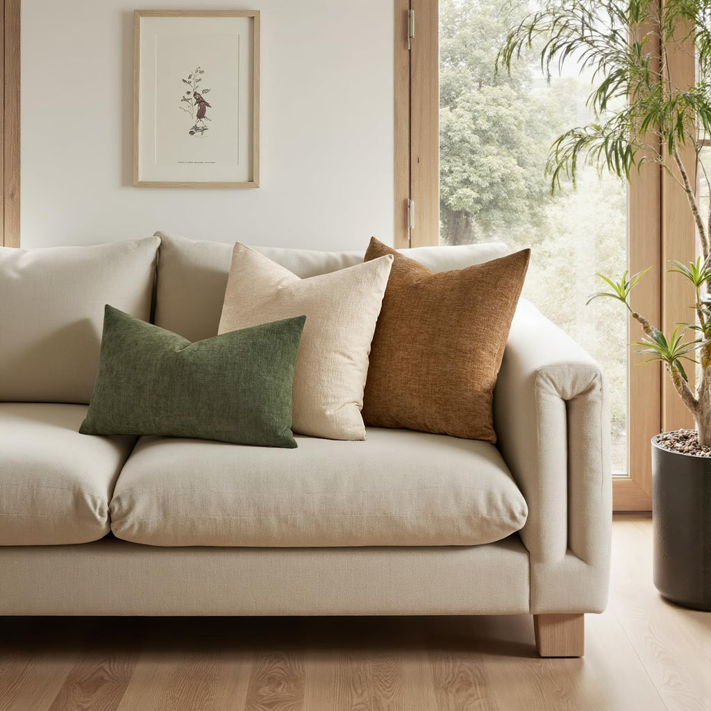 Olive Green Chenille Couch Lumbar Throw Pillow Covers, 12x20