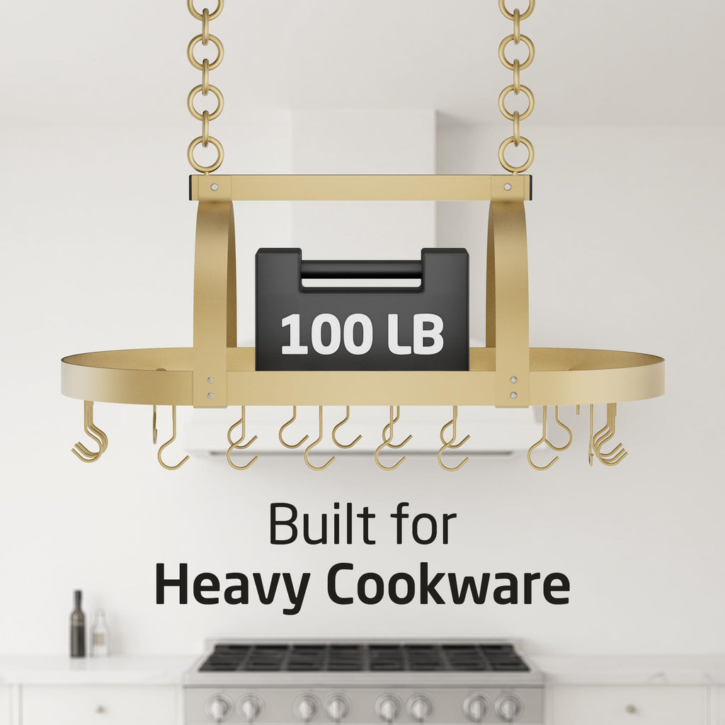 Gold 34 Inch Hanging Pot Rack, 100 LBS Capacity Heavy Duty Oval Pot and Pan Hanging Rack Ceiling Mount, Pot Pan