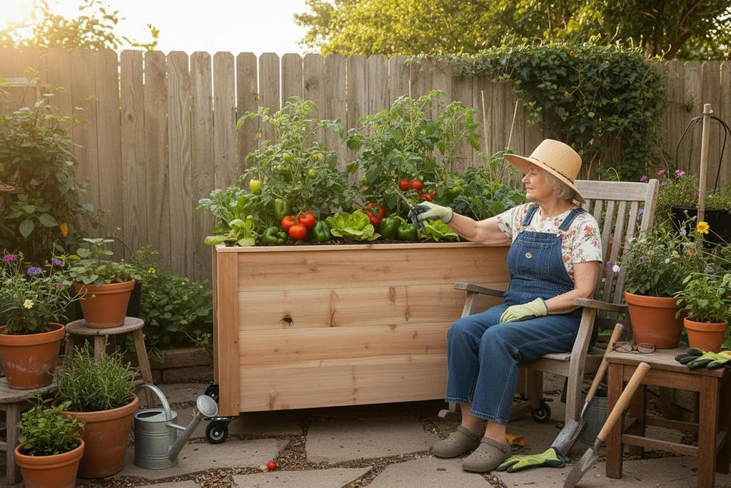 Tall Cedar Planter Box with Locking Wheels - Mobile Raised Garden Bed , Balcony & Business Entrances - Wooden Planter