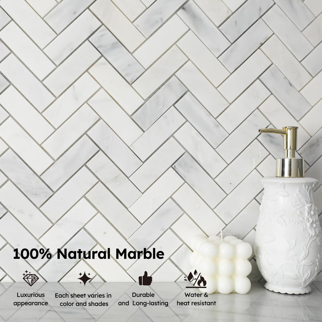 Natural Marble Mosaic Tile Polished, 1x3 Inch Herringbone, 5 Sheets