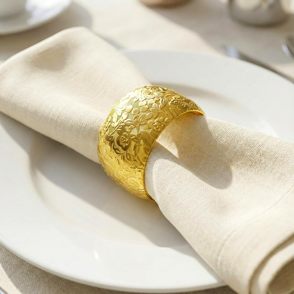 Gold Napkin Rings,Gold Metal Napkin Holder for Table,Embossed Floral Pattern,Metal Serviette Rings - Set of 12