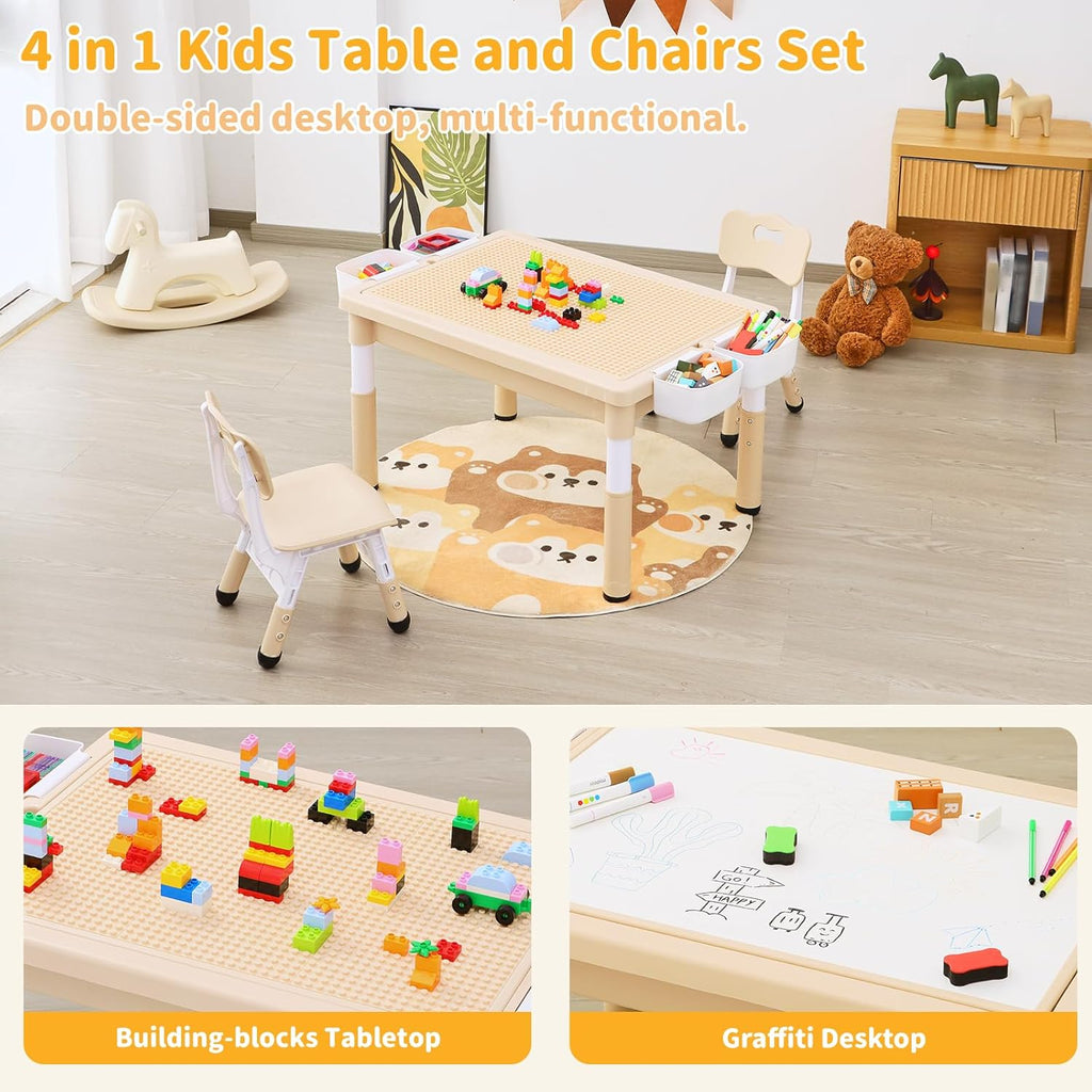 4 in 1 Kids Table and 2 Chairs Set, Large Storage Toddler Table and Chair Set with 4 Side Box, Graffiti/Building
